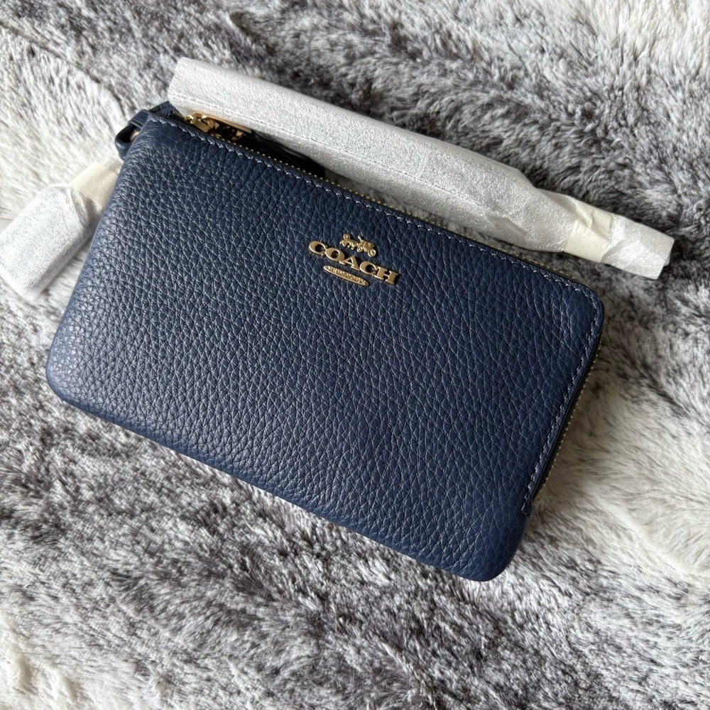 Dual Zipper Wristlet (Navy/Brass)
